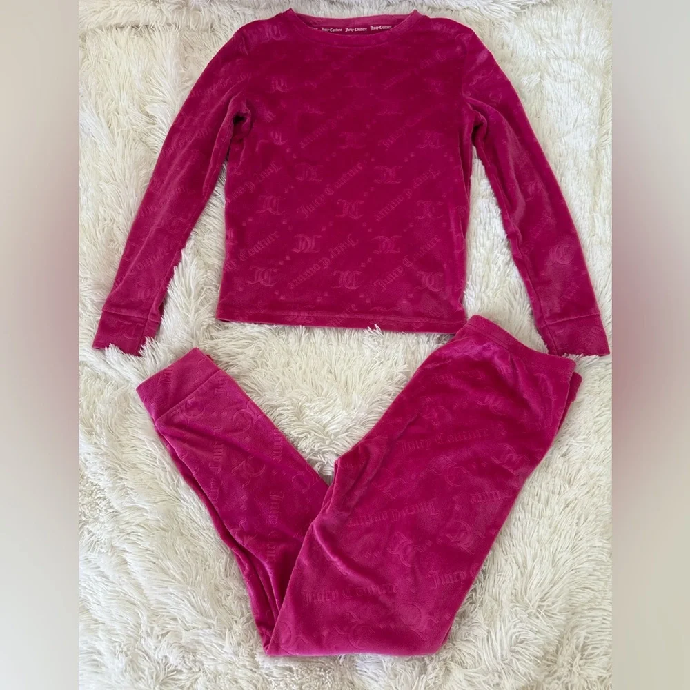 JUICY COUTURE Pink Velour Pajama Set Long Sleeve Top Pants Girls Size 10